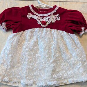 VTG 80s Evy Baby Girls Christmas Dress Sz 6-9M Red Velvet White Lace Lined USA